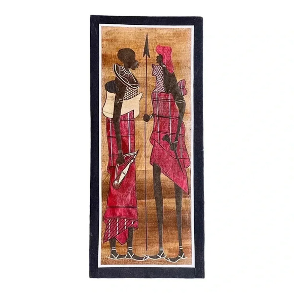 African Tribal Natural Banana Leaf Fiber Art Collage 7"x 16" Unframed - Kenya - Picture 1 of 3